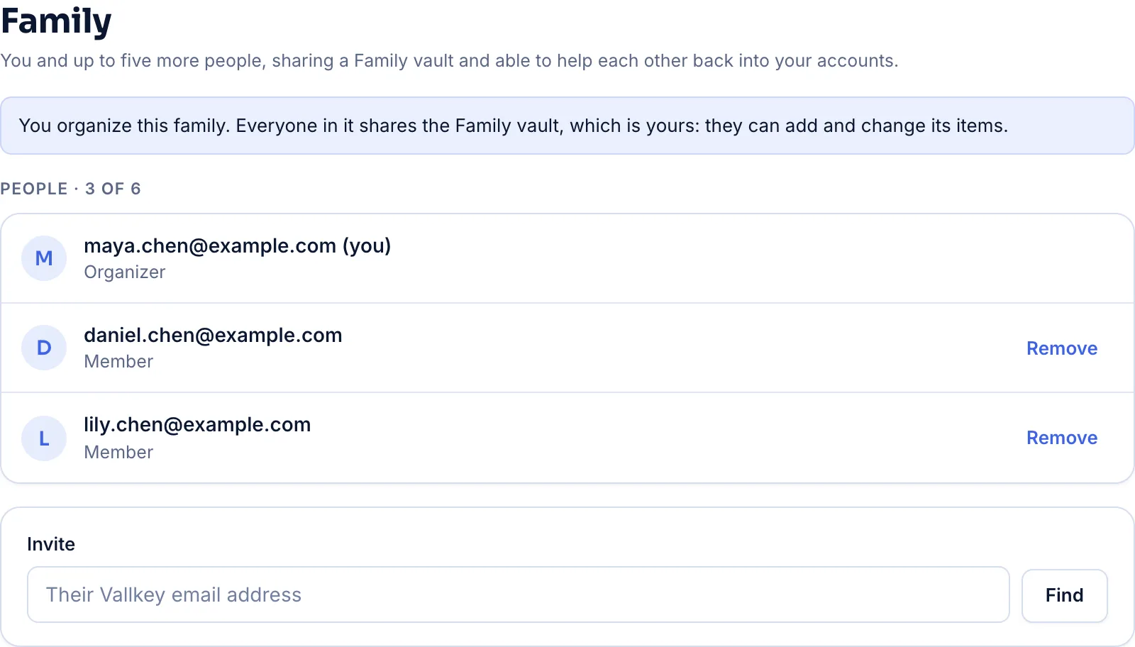 A family in Vautir: its organizer and two members, sharing the Family vault.
