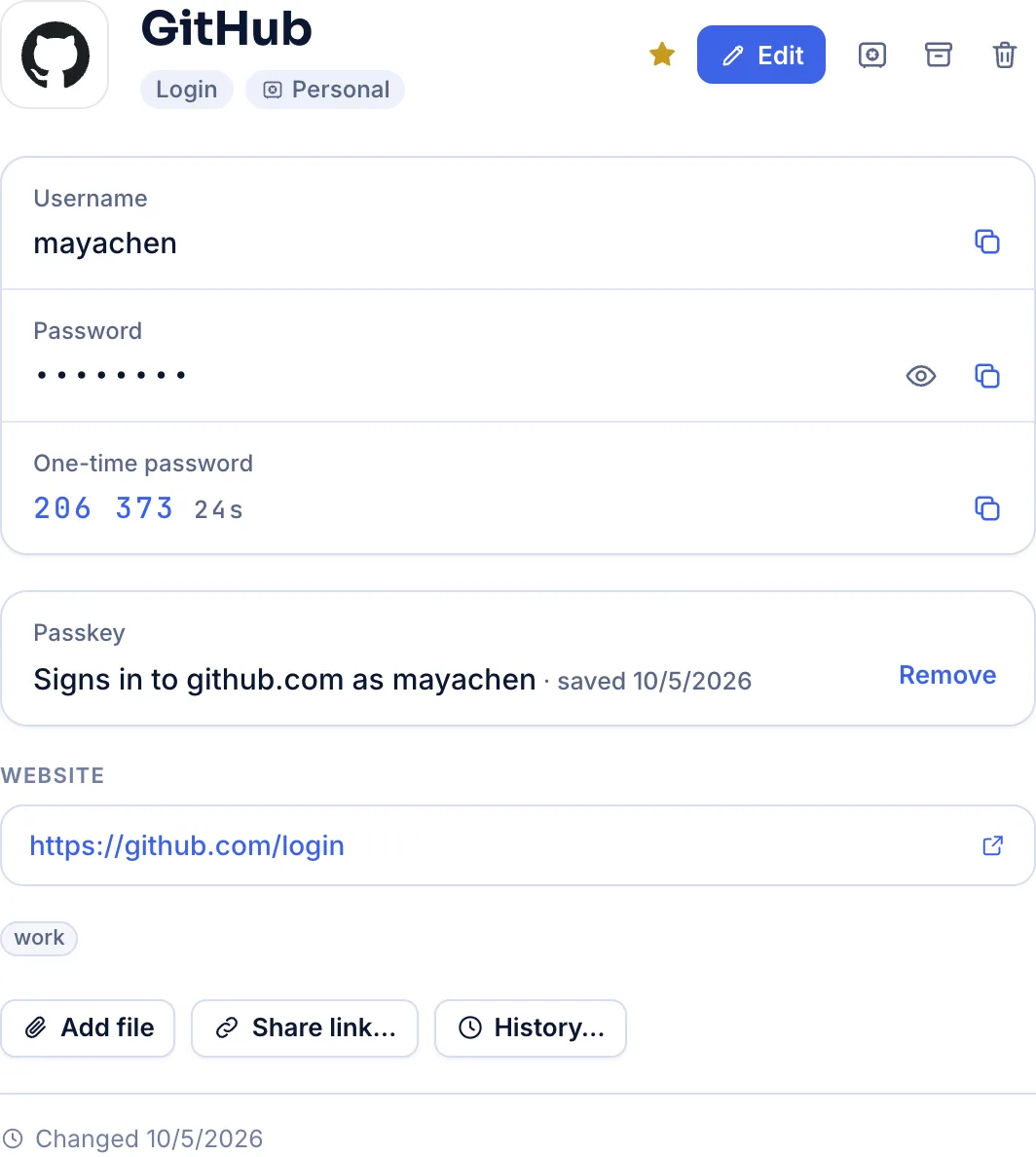 A GitHub login in Vautir: its username, password, one-time code and passkey.