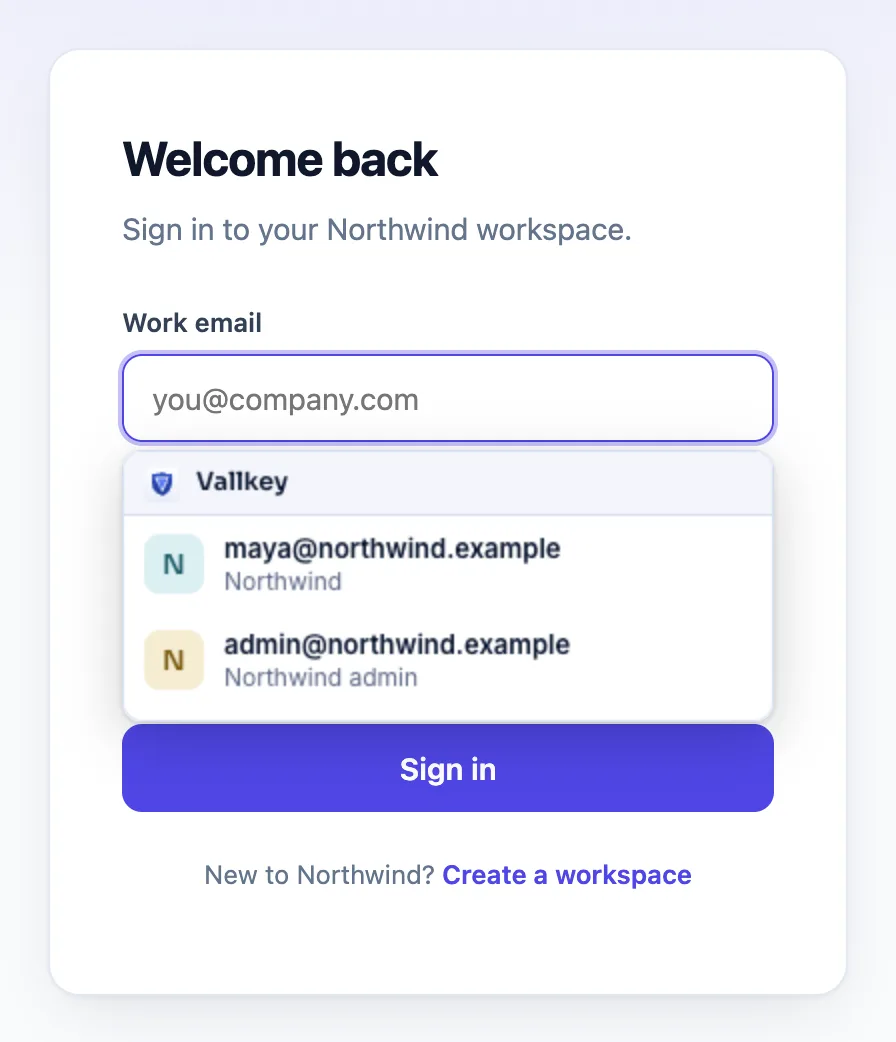 Vautir's menu under the email field of a sign-in page, offering the two logins saved for the site.