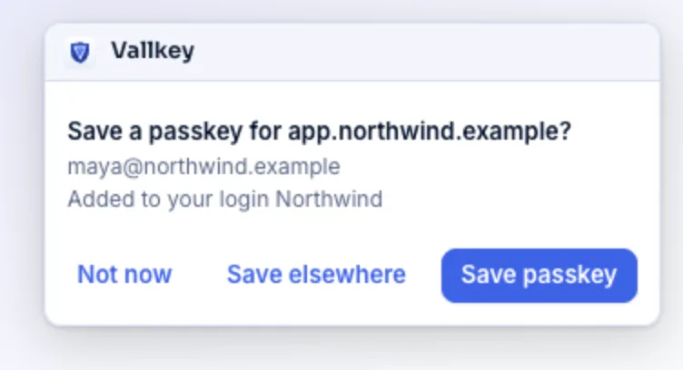 Vautir asking whether to save a passkey for app.northwind.example, added to the login already saved there.