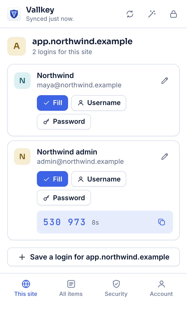 The Vautir browser extension's popup on a sign-in page, with two logins for the site and a one-time code.
