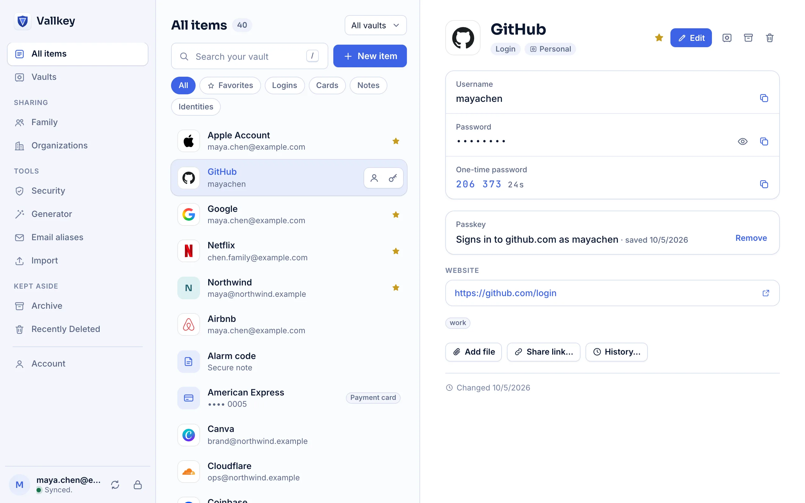 The Vautir web vault, with a GitHub login open: its username, password, one-time code and passkey.